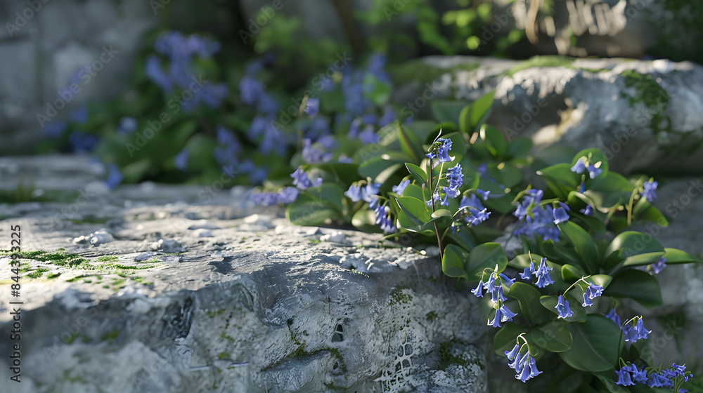 Poster mockup of a void draft on a limestone ledge with springtime bluebells