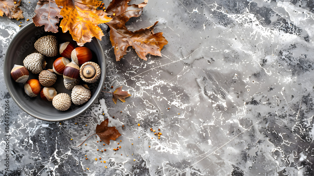 Poster mockup of a void folio on a granite countertop with autumn acorns