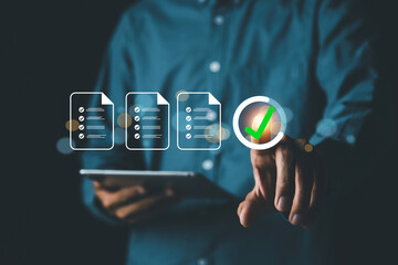 Business performance checklist concept . Business evaluation, project approval and enhancing...