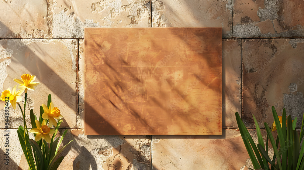 Poster mockup of a void folio on a terracotta tile with springtime daffodils