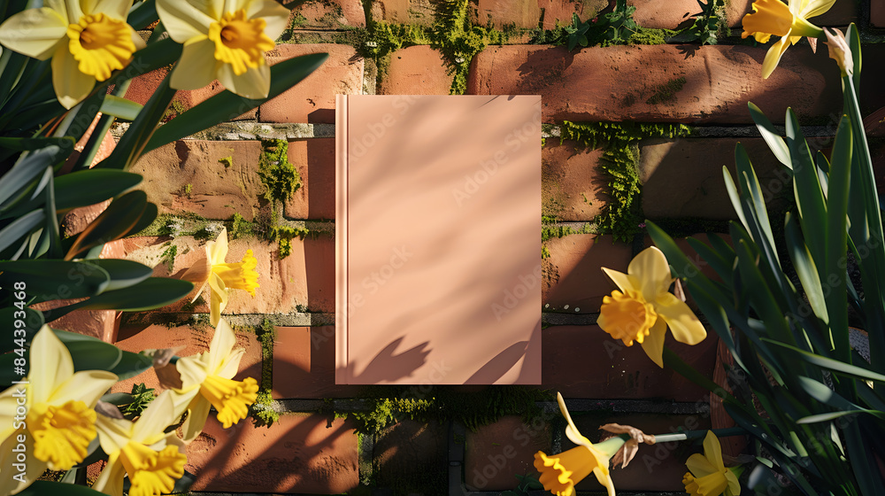 Poster mockup of a void folio on a terracotta tile with springtime daffodils