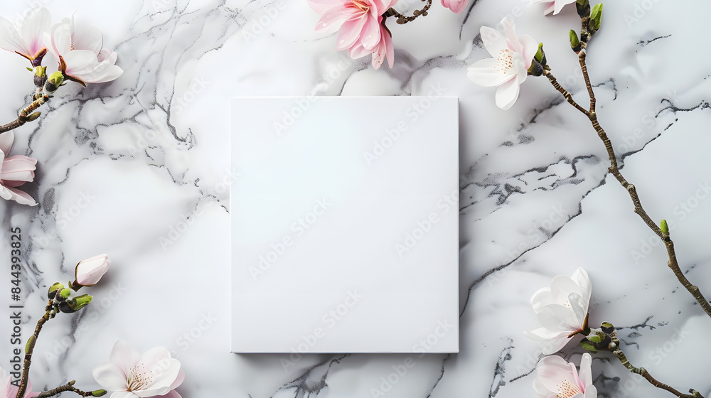 Poster mockup of an empty canvas on a marble surface with spring flowers