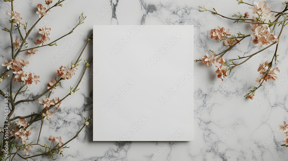 Poster mockup of an empty canvas on a marble surface with spring flowers