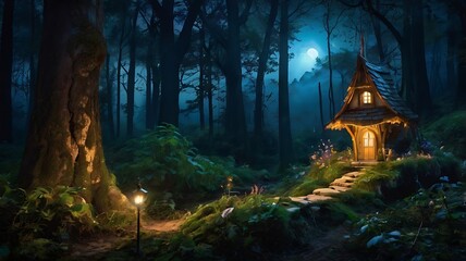 Fototapeta premium Mystical night in dark but beautiful forest full of wonder and magic essence with moon view