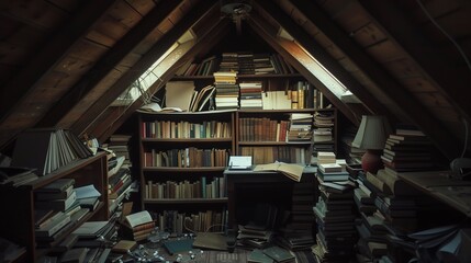 In a dim attic of old books, an author quietly works, surrounded by nostalgic inspiration—a creative refuge.