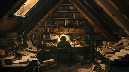 A dimly lit attic filled with old books serves as a hidden sanctuary where an author brings stories to life.
