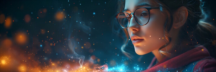 Young  woman's profile with artistic lighting and sparkles. Concept of creativity and inspiration