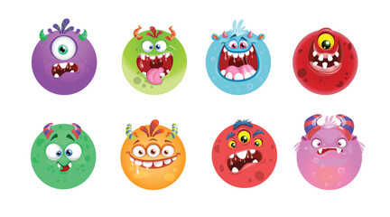 Cartoon monster ball faces set. Collection of Halloween monster faces with different expressions and colors. Vector illustrations. © Sketch Master