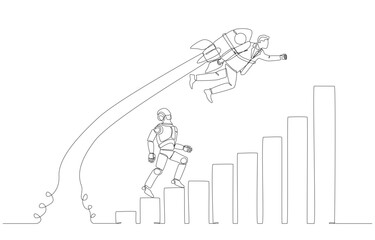 Continuous one line drawing of businessman with rocket booster overtaking robot stepping up on rising bar graph, upskilling in AI era concept, single line art.