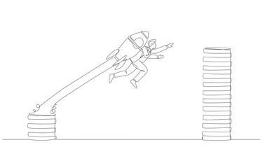 Continuous one line drawing of businessman with rocket booster soaring to higher coin stack, skill development to increase salary concept, single line art.