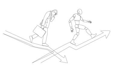 Fototapeta premium Continuous one line drawing of businessman walking down falling graph while robot walking up rising graph, substituting human labor with technology concept, single line art.