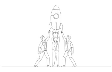 Continuous one line drawing of businesspeople holding rocket to prepare to launch, startup team, launch new project concept, single line art.