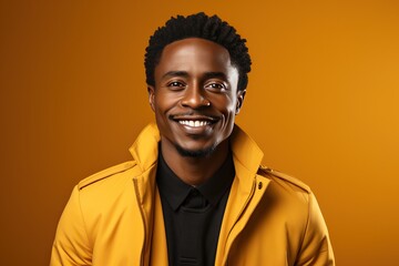 Obraz premium Smiling black man in a yellow jacket on a yellow background.