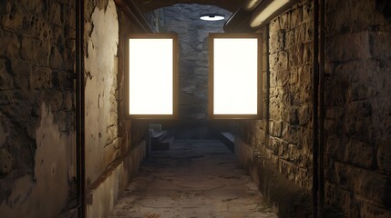 Obraz premium Dual small blank billboards set in a shadowy underground passageway lined with ancient stones.
