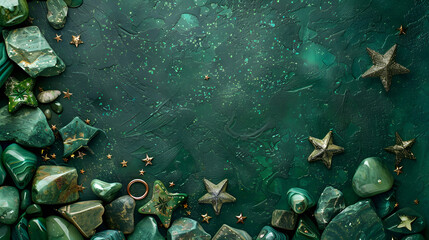 Polished stones and star-shaped tiles scattered on an emerald green background 