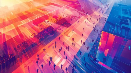 Abstract illustration of Euro 2024 stadium atmosphere and fan zones, emphasizing the energetic crowd interactions and vibrant environment. Clean, minimalist style captures the essence of communal