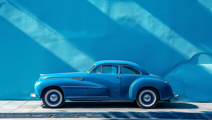 Blue walls, stylish cars, blue background, text space.青い壁、スタイリッシュな車、青い背景、テキストスペース。Generative AI