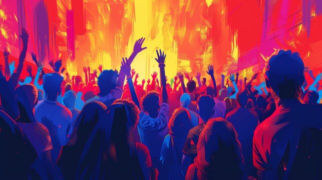 Abstract illustration of Euro 2024 stadium atmosphere and fan zones, emphasizing the energetic crowd interactions and vibrant environment. Clean, minimalist style captures the essence of communal