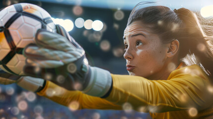 Female soccer goalkeeper defending goal. 