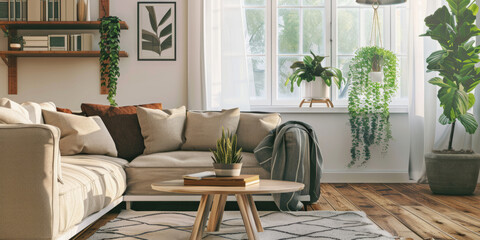 Obraz premium A Cozy, Minimalist Living Room with a Scandinavian Design Aesthetic, Featuring Natural Light and Indoor Plants
