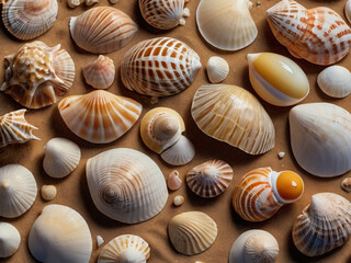 Seashells on Sandy Beach Background with Intricate Natural Patterns