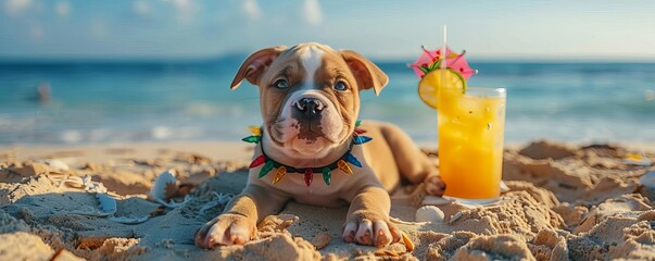 Christmas in July puppy with a festive collar and tropical drink, festive beach scene, bright colors, joyful atmosphere, summer sun, high quality