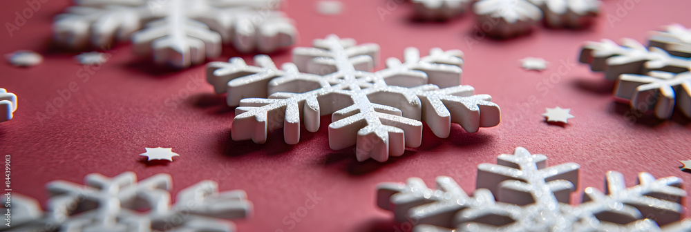 Poster red background with snowflakes. a christmas atmosphere. a red and white color scheme