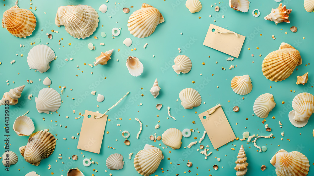 Poster shiny seashells and rectangular tags scattered on a turquoise background