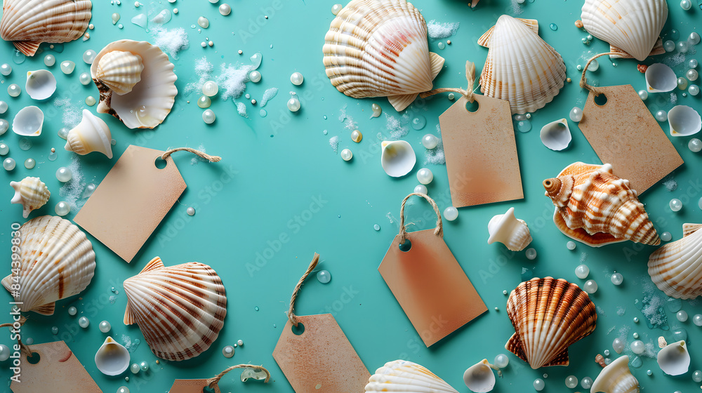 Poster shiny seashells and rectangular tags scattered on a turquoise background