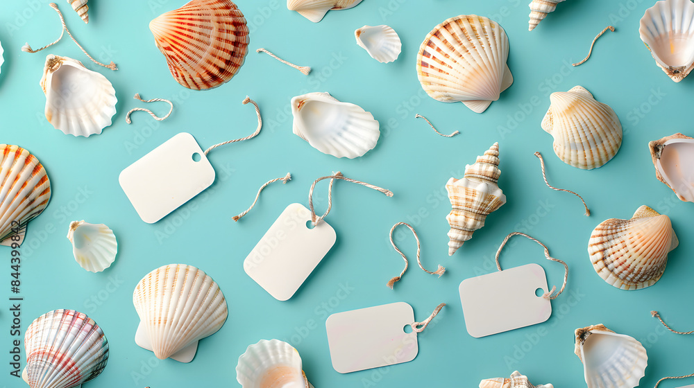 Poster shiny seashells and rectangular tags scattered on a turquoise background