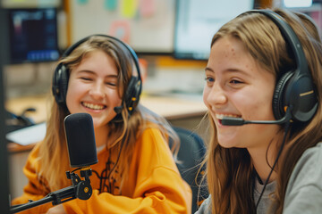 "Happy Teenage Girls Talking During Podcast at Desk in Classroom"