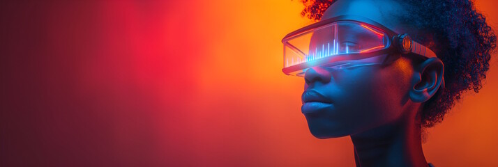 Young black girl wearing futuristic glasses with glowing lights. Concept of technological education and future learning, back to school
