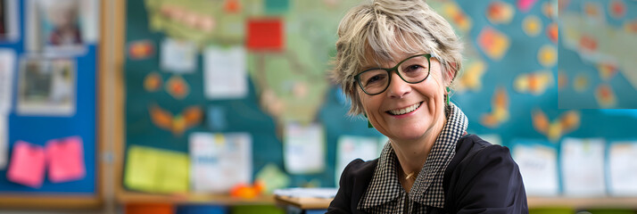 smiling teacher in her classroom. wearing glasses and business casual attire