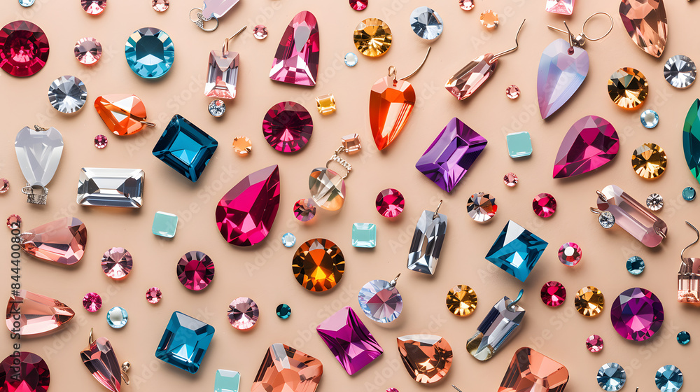 Poster sparkly gems and square tags scattered on a beige background