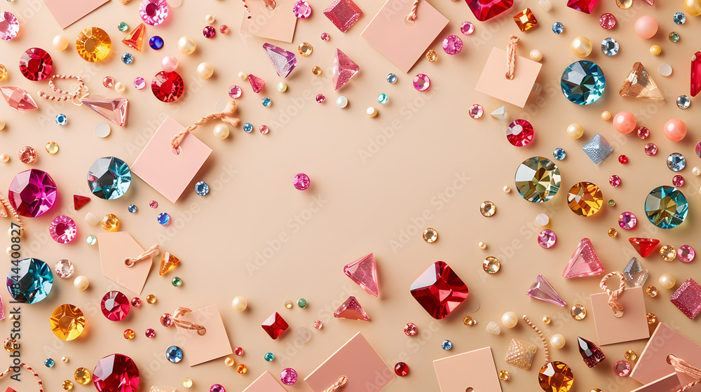 Poster sparkly gems and square tags scattered on a beige background