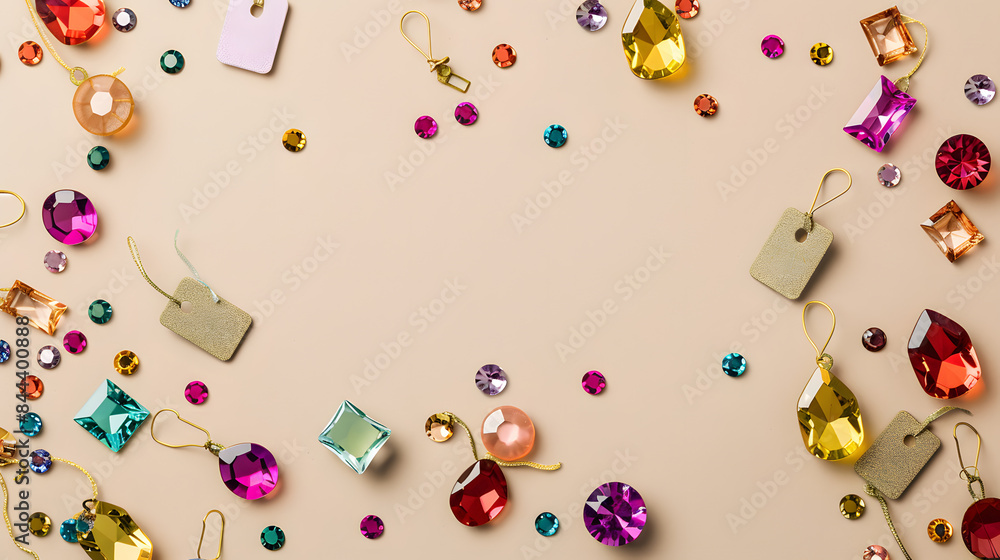 Poster sparkly gems and square tags scattered on a beige background