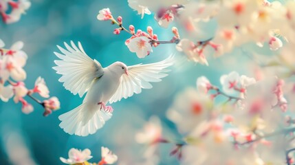A White bird flying in the air Background of white and pink flowers scattered in the sky.