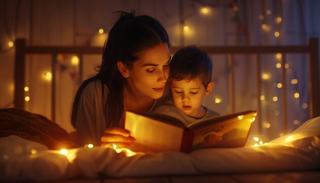Mother is reading a story book to her child before going to bed. The soft light of the night lights illuminated their faces