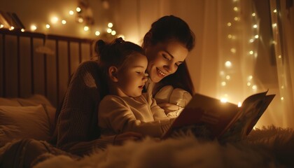 Mother is reading a story book to her child before going to bed. The soft light of the night lights illuminated their faces