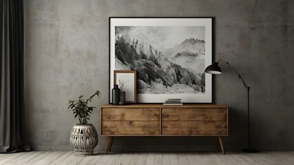 Poster, wall mockup with vintage grunge furniture in an indoor setting, and 3D render