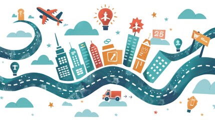Economical travel A route or road with financial landmarks and signposts
