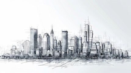 Architectural vector depicting a modern cityscape in the background with detailed drawings