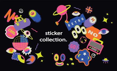 Fashionable retro sticker pack for any purpose. Various forms of labels. Theme of space and monsters. Slogans.
