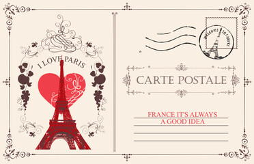 Retro postcard with Eiffel tower in Paris, France. Romantic vector postcard in vintage style with rubber stamp, sign heart and words I love Paris on background of old paper