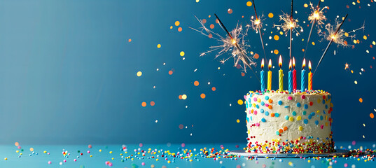 Vibrantly colored birthday cake adorned with an array of colorful candles and sparklers, positioned against a blue backdrop with a banner