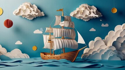 Beautiful boat, paper style, sea