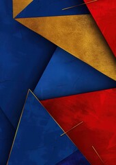 Abstract geometric design with red, blue, and gold sharp triangles. Suitable for modern backgrounds and graphic elements.
