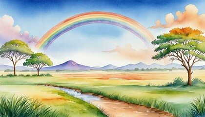 Obraz premium Savanna with a Rainbow After Rain and Vibrant Colors, Watercolor Background Illustration