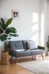 The cozy living room corner features a gray sofa, white cushions, a side table with yellow tulips, an open book, and framed artwork on the wall.