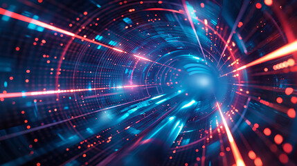 Naklejka premium A blue and red tunnel with a blue light in the middle. Luminous abstract circular tunnel. Futuristic technological style. Illustration for banner, poster, cover, brochure or presentation